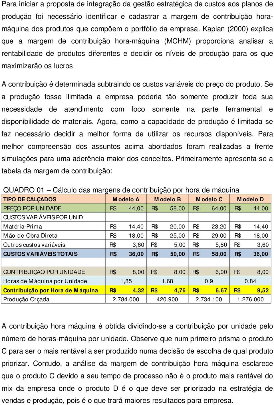 Kaplan (2000) explica que a margem de contribuição hora-máquina (MCHM) proporciona analisar a rentabilidade de produtos diferentes e decidir os níveis de produção para os que maximizarão os lucros A