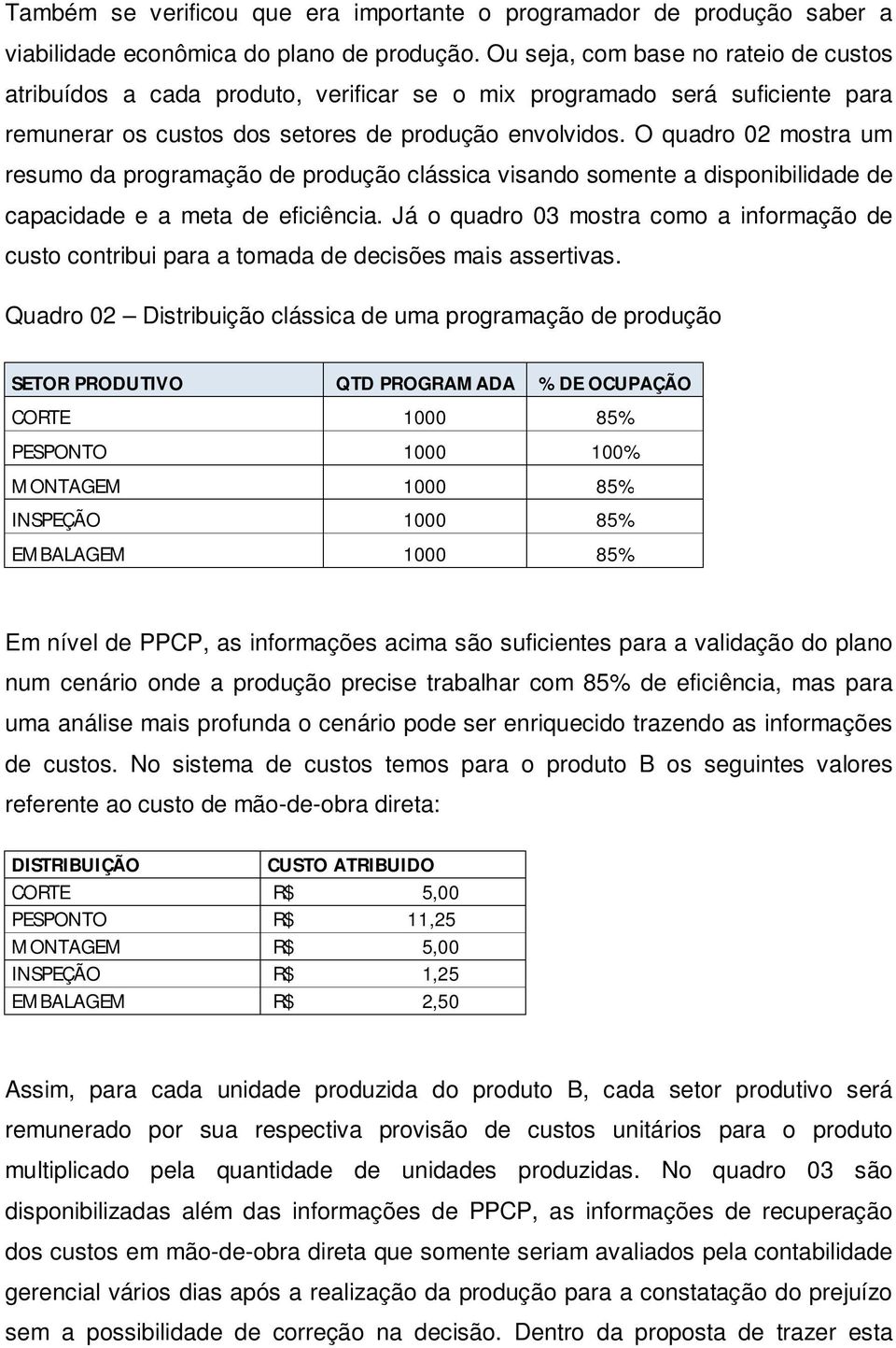 O quadro 02 mostra um resumo da programação de produção clássica visando somente a disponibilidade de capacidade e a meta de eficiência.