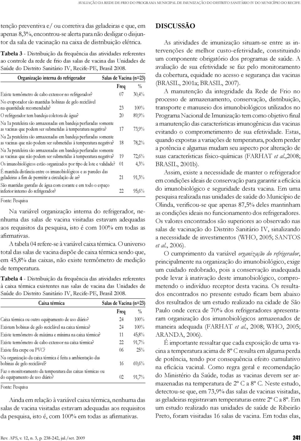 Tabela 3 - Distribuição da frequência das atividades referentes ao controle da rede de frio das salas de vacina das Unidades de Organização interna do refrigerador Existe termômetro de cabo extensor