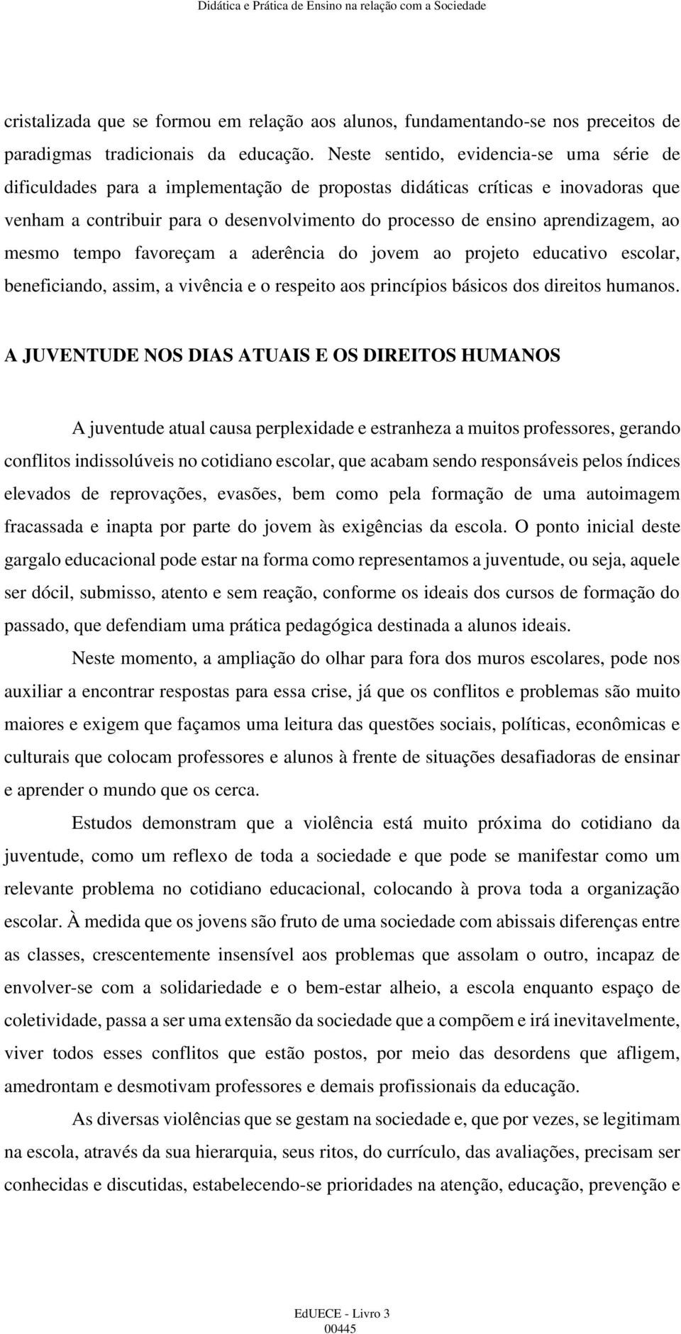 aprendizagem, ao mesmo tempo favoreçam a aderência do jovem ao projeto educativo escolar, beneficiando, assim, a vivência e o respeito aos princípios básicos dos direitos humanos.