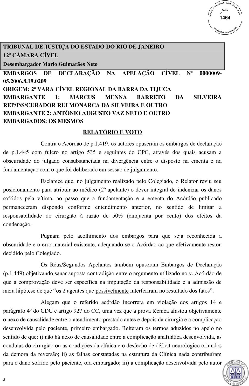 EMBARGADOS: OS MESMOS RELATÓRIO E VOTO Contra o Acórdão de p.1.