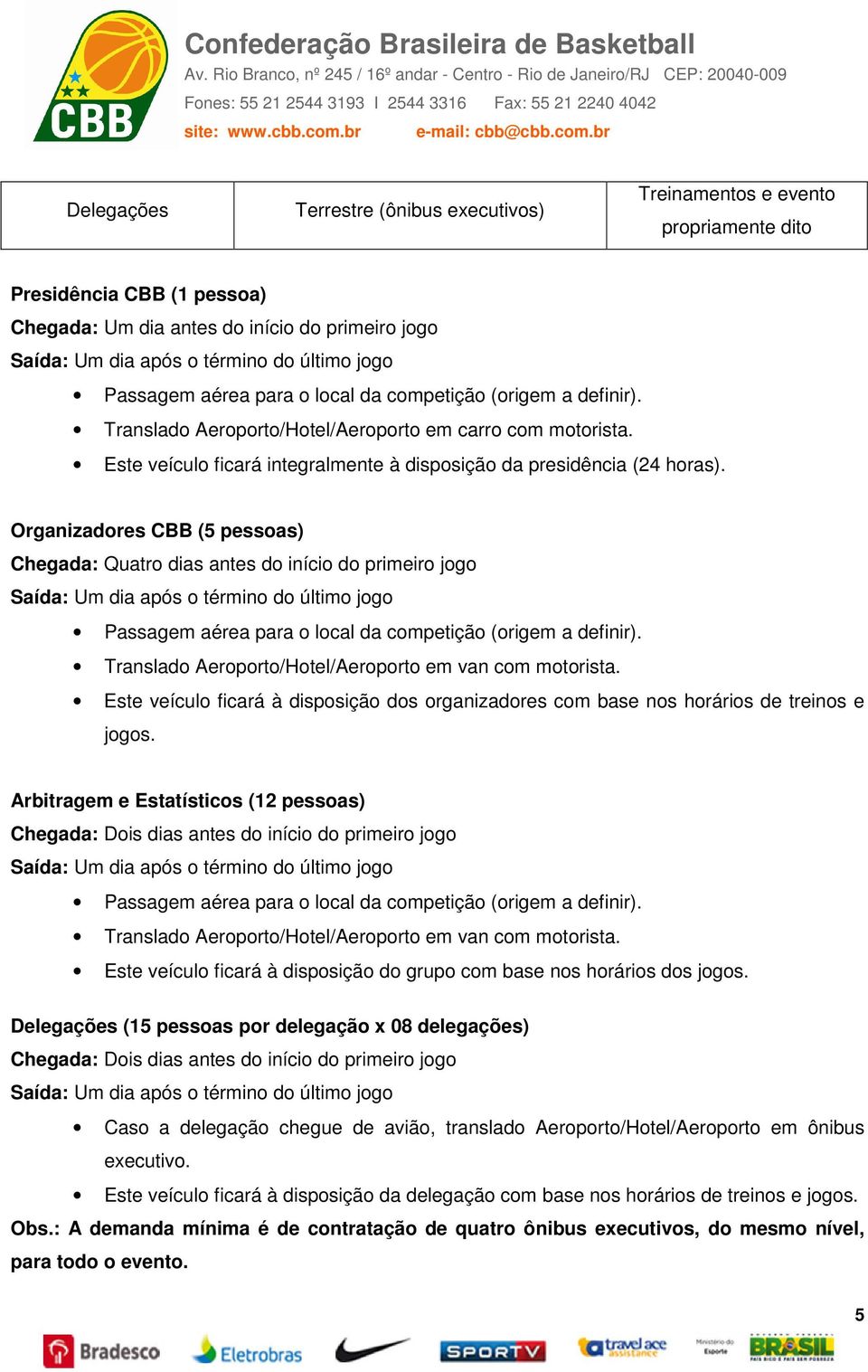 Organizadores CBB (5 pessoas) Chegada: Quatro dias antes do início do primeiro jogo Passagem aérea para o local da competição (origem a definir).