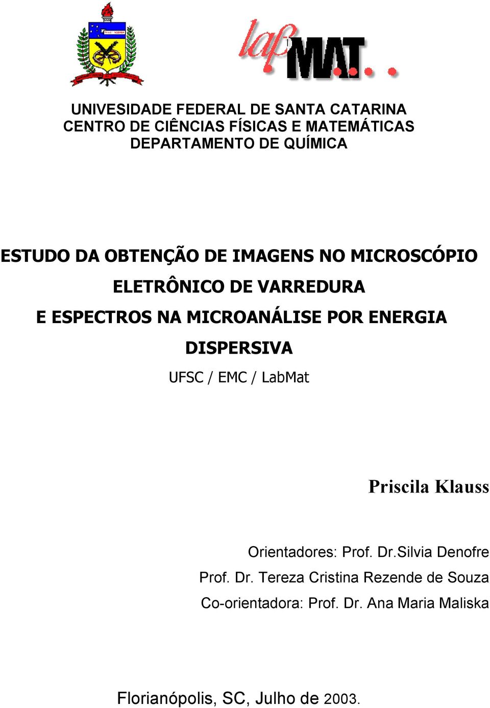 ENERGIA DISPERSIVA UFSC / EMC / LabMat Priscila Klauss Orientadores: Prof. Dr.