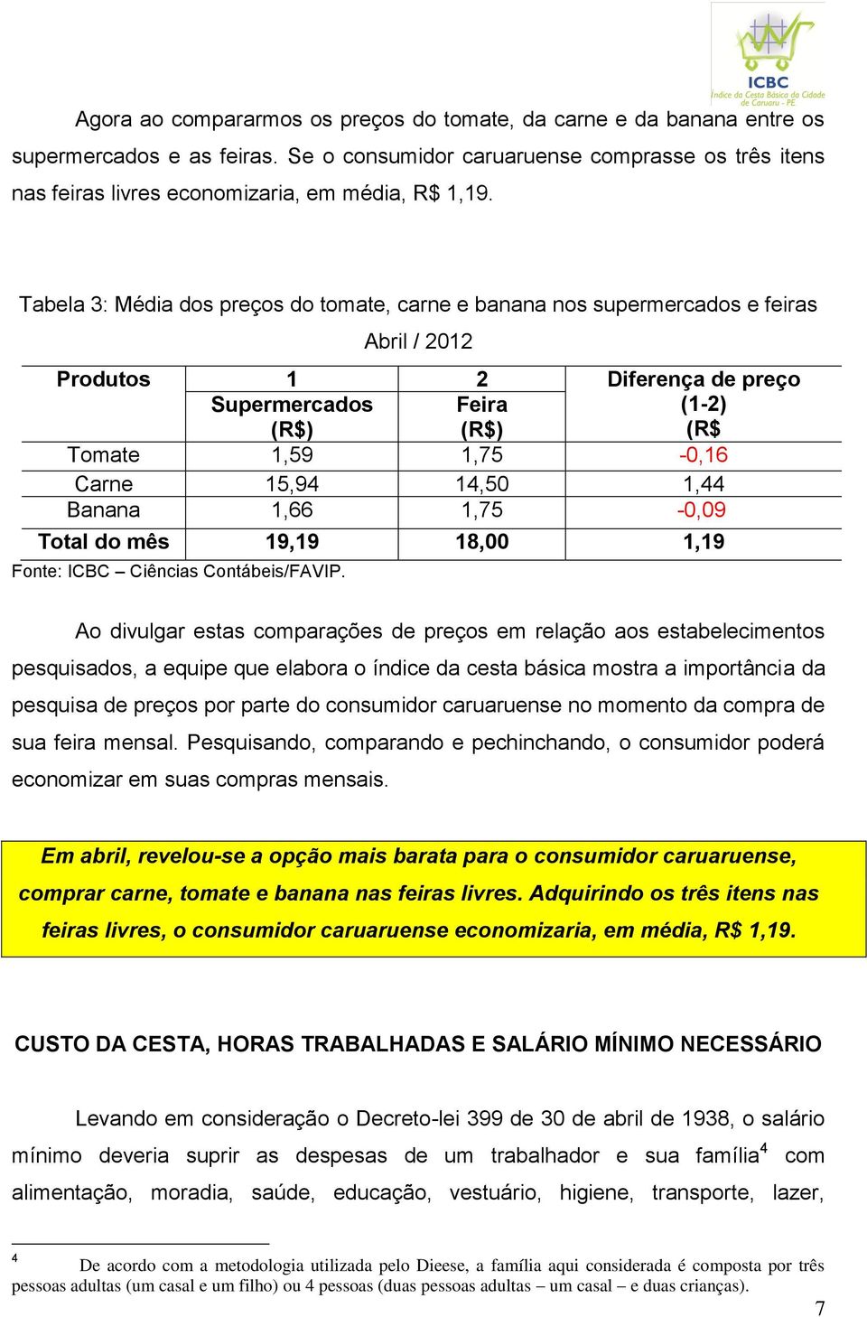 Tabela 3: Média dos preços do tomate, carne e banana nos supermercados e feiras Abril / 2012 Produtos 1 2 Diferença de preço Supermercados Feira (1-2) (R$ Tomate 1,59 1,75-0,16 Carne 15,94 14,50 1,44