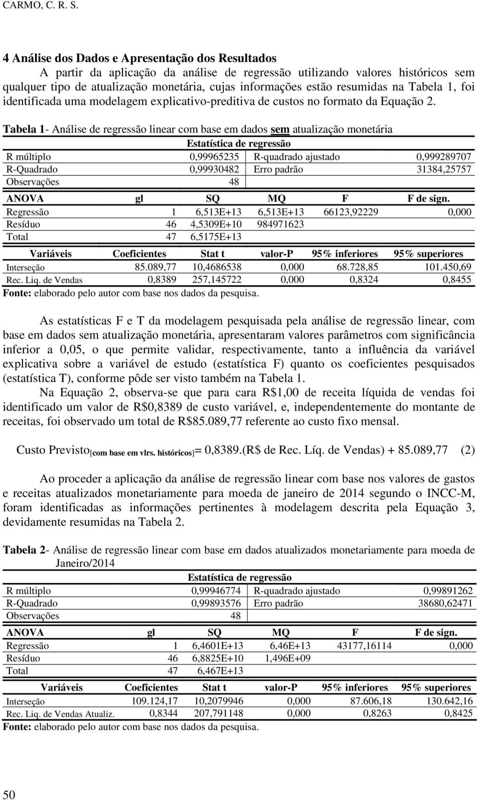 resumidas na Tabela 1, foi identificada uma modelagem explicativo-preditiva de custos no formato da Equação 2.