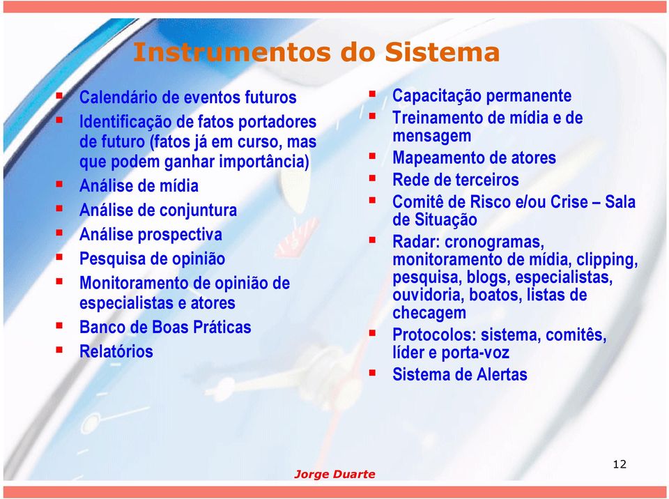 Capacitação permanente Treinamento de mídia e de mensagem Mapeamento de atores Rede de terceiros Comitê de Risco e/ou Crise Sala de Situação Radar: cronogramas,