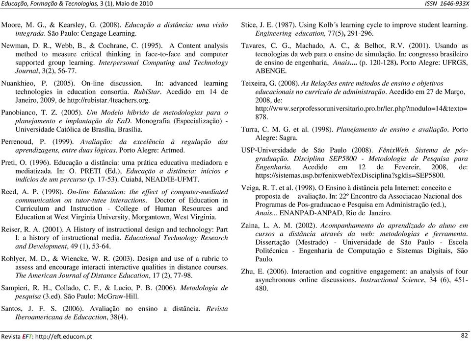 On-line discussion. In: advanced learning technologies in education consortia. RubiStar. Acedido em 14 de Janeiro, 2009, de http://rubistar.4teachers.org. Panobianco, T. Z. (2005).