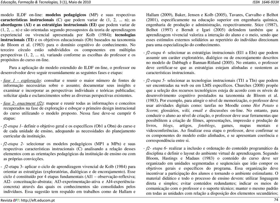 .. n) e são orientadas segundo pressupostos da teoria de aprendizagem experiencial ou vivencial apresentada por Kolb (1984); tecnologias instrucionais (TI) e os objetivos educacionais (Ob) baseados