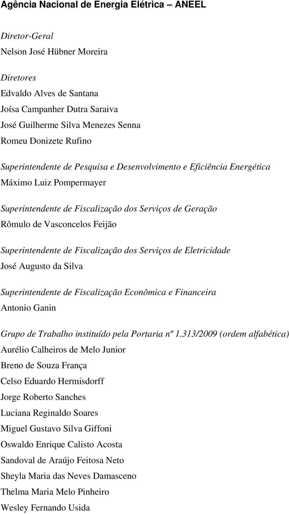 Superintendente de Fiscalização dos Serviços de Eletricidade José Augusto da Silva Superintendente de Fiscalização Econômica e Financeira Antonio Ganin Grupo de Trabalho instituído pela Portaria nº 1.