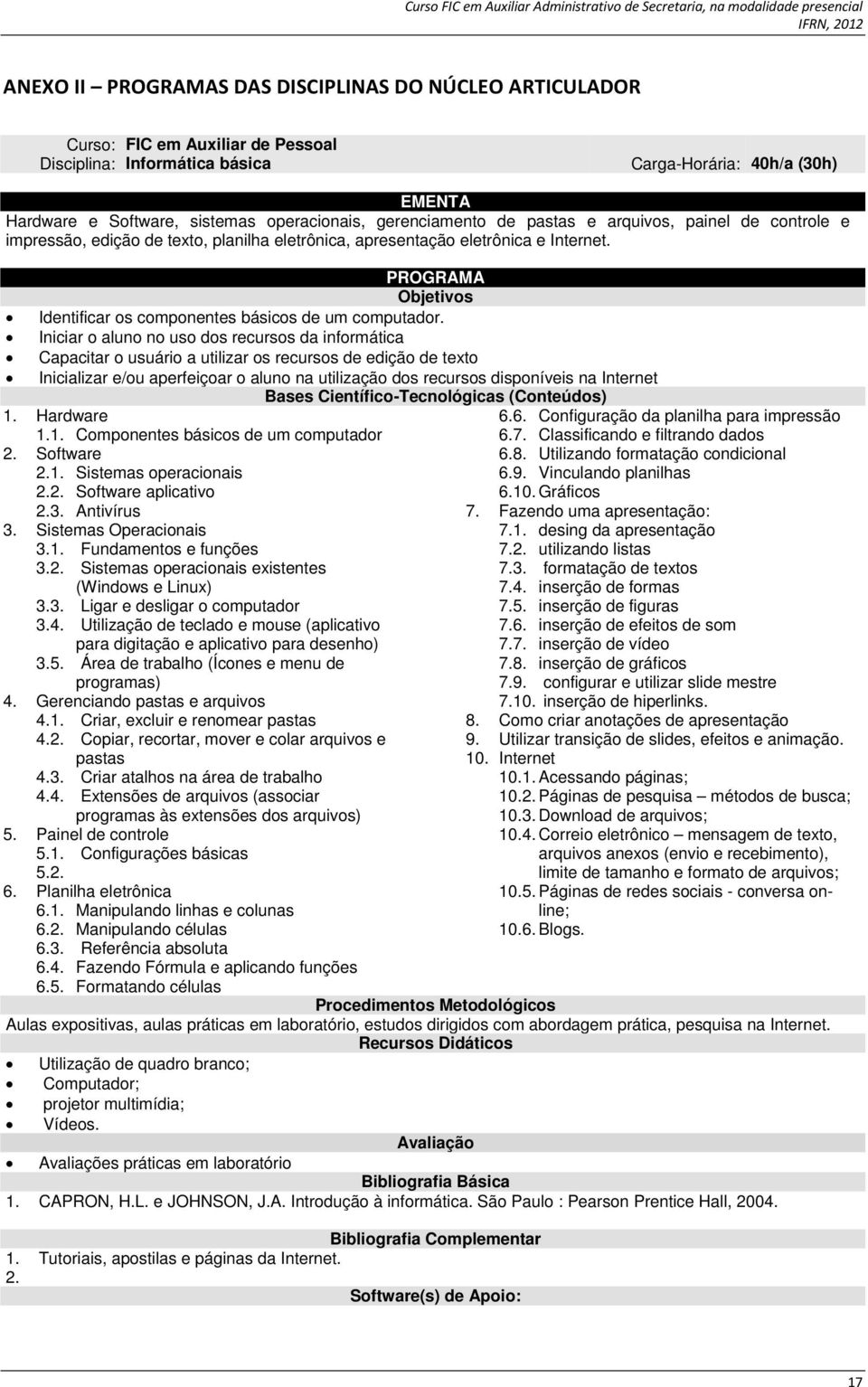 PROGRAMA Objetivos Identificar os componentes básicos de um computador.