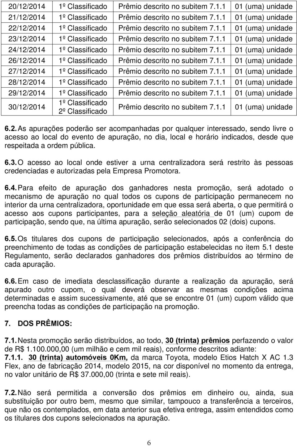 1.1 01 (uma) unidade 27/12/2014 1º Classificado Prêmio descrito no subitem 7.1.1 01 (uma) unidade 28/12/2014 1º Classificado Prêmio descrito no subitem 7.1.1 01 (uma) unidade 29/12/2014 1º Classificado Prêmio descrito no subitem 7.