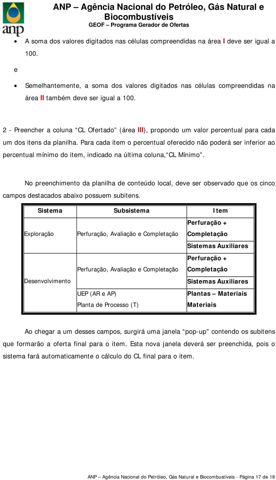 Para cada item o percentual oferecido não poderá ser inferior ao percentual mínimo do item, indicado na última coluna, CL Mínimo.