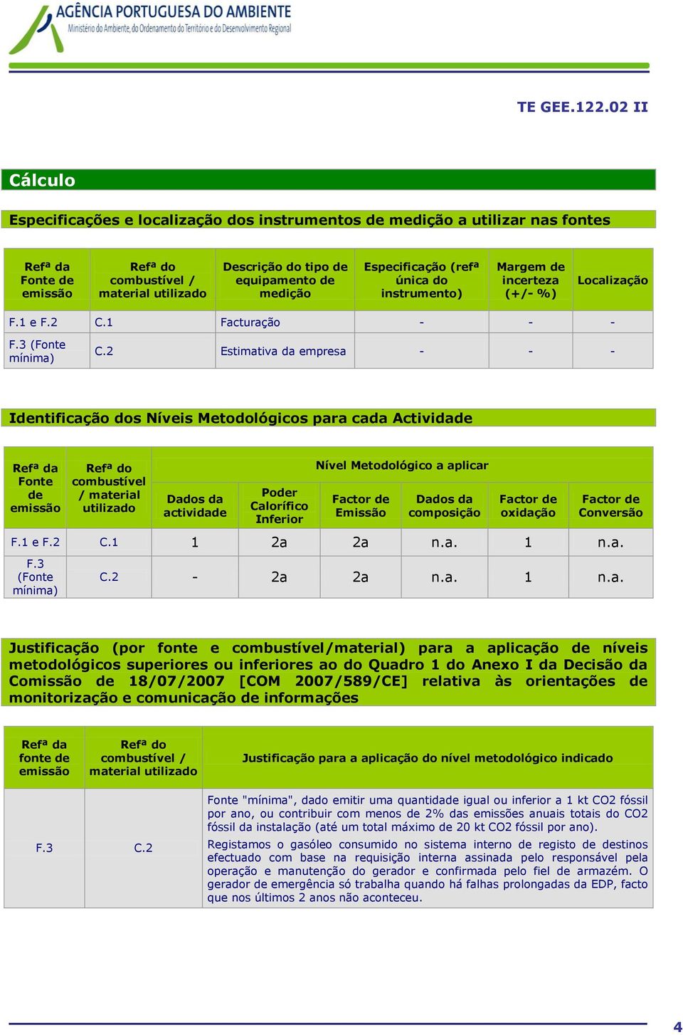 2 Estimativa da empresa - - - Identificação dos Níveis Metodológicos para cada Actividade Fonte de combustível / material utilizado Dados da actividade Poder Calorífico Inferior Nível Metodológico a