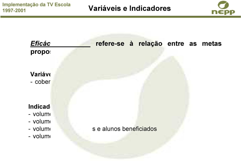 Variáveis: - cobertura do programa; Indicadores: - volume de equipamentos; -