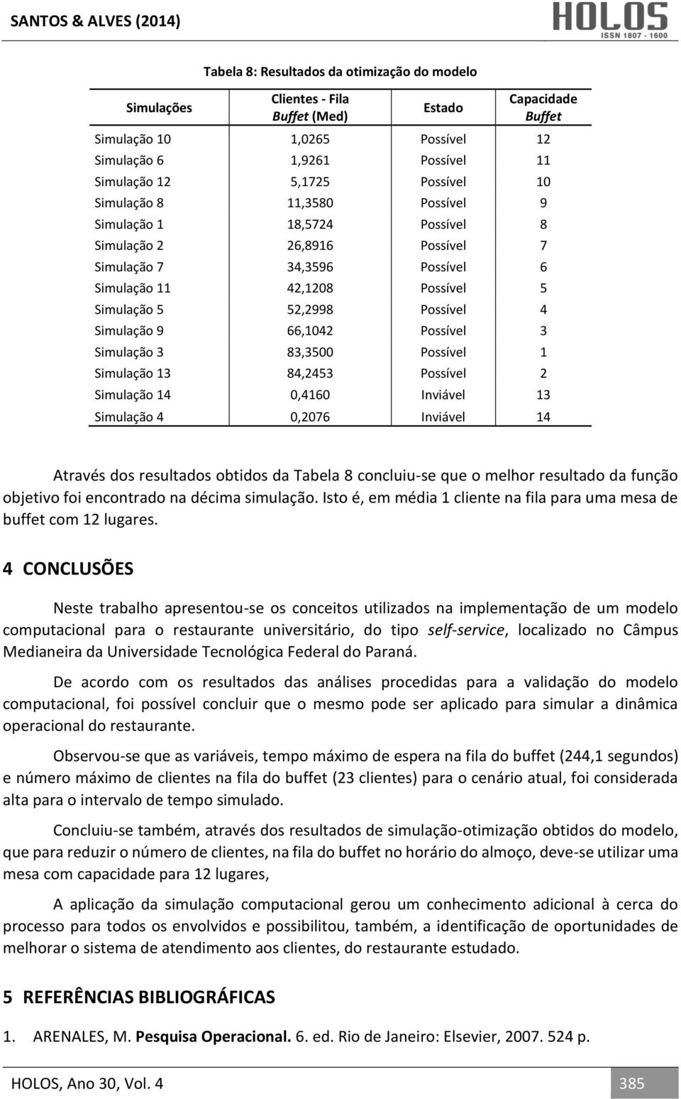 Simulação 9 66,1042 Possível 3 Simulação 3 83,3500 Possível 1 Simulação 13 84,2453 Possível 2 Simulação 14 0,4160 Inviável 13 Simulação 4 0,2076 Inviável 14 Através dos resultados obtidos da Tabela 8