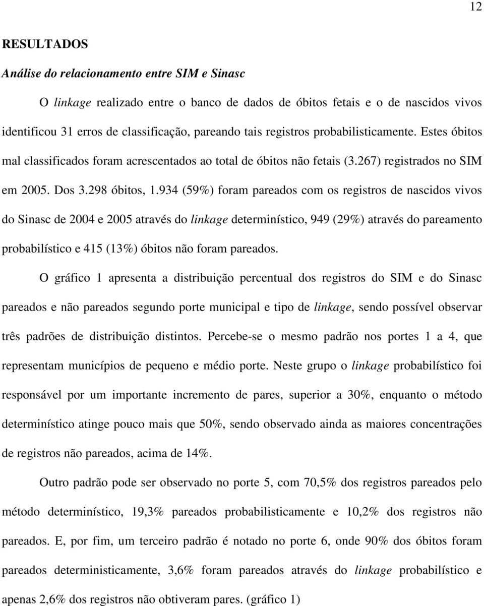 934 (59%) foram pareados com os registros de nascidos vivos do Sinasc de 2004 e 2005 através do linkage determinístico, 949 (29%) através do pareamento probabilístico e 415 (13%) óbitos não foram