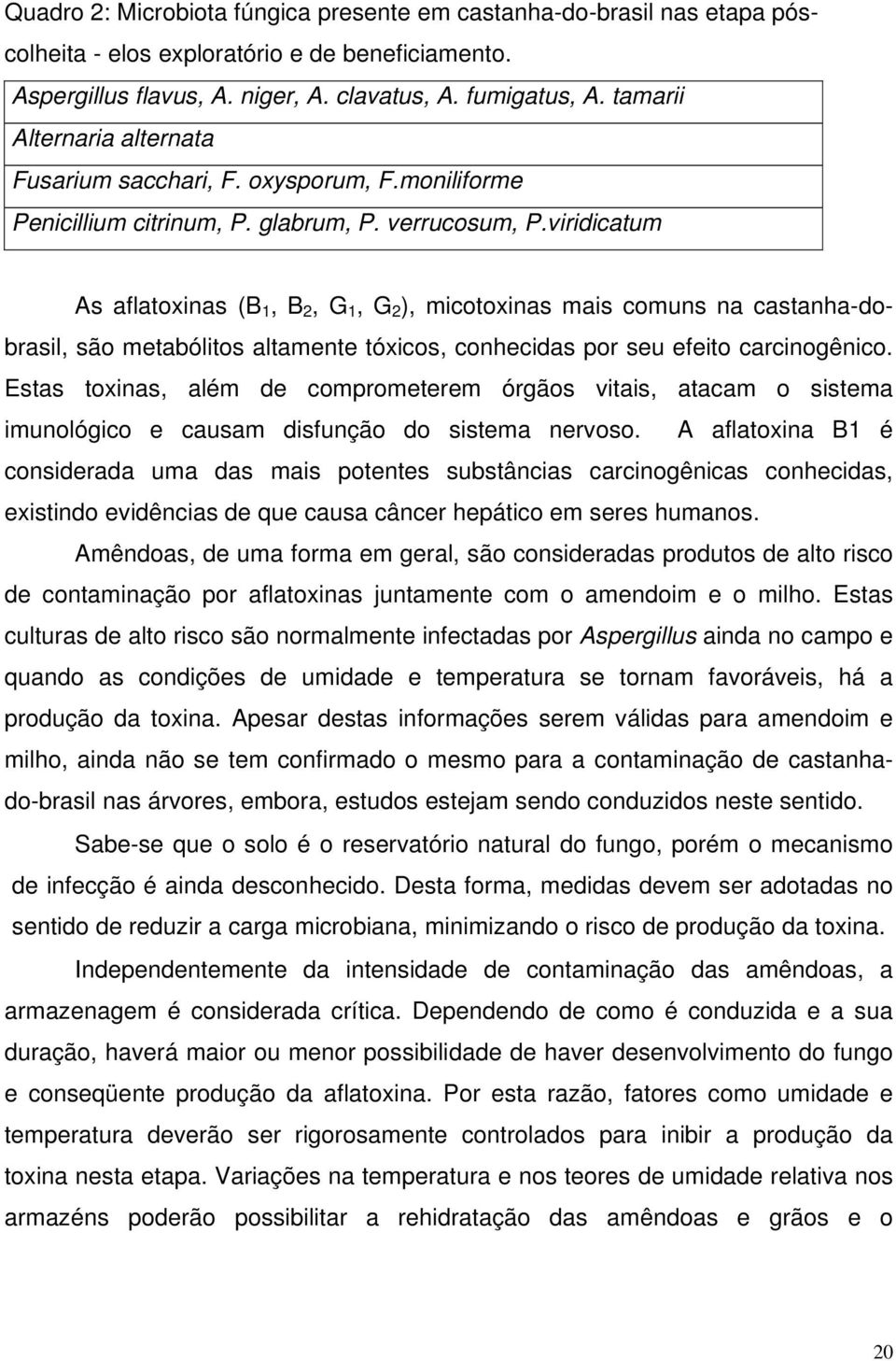 viridicatum As aflatoxinas (B 1, B 2, G 1, G 2 ), micotoxinas mais comuns na castanha-dobrasil, são metabólitos altamente tóxicos, conhecidas por seu efeito carcinogênico.