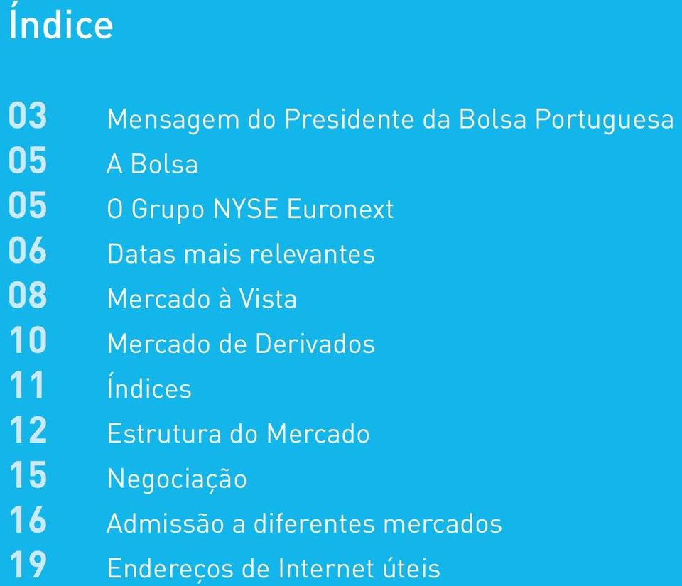 10 Mercado de Derivados 11 Índices 12 Estrutura do Mercado 15