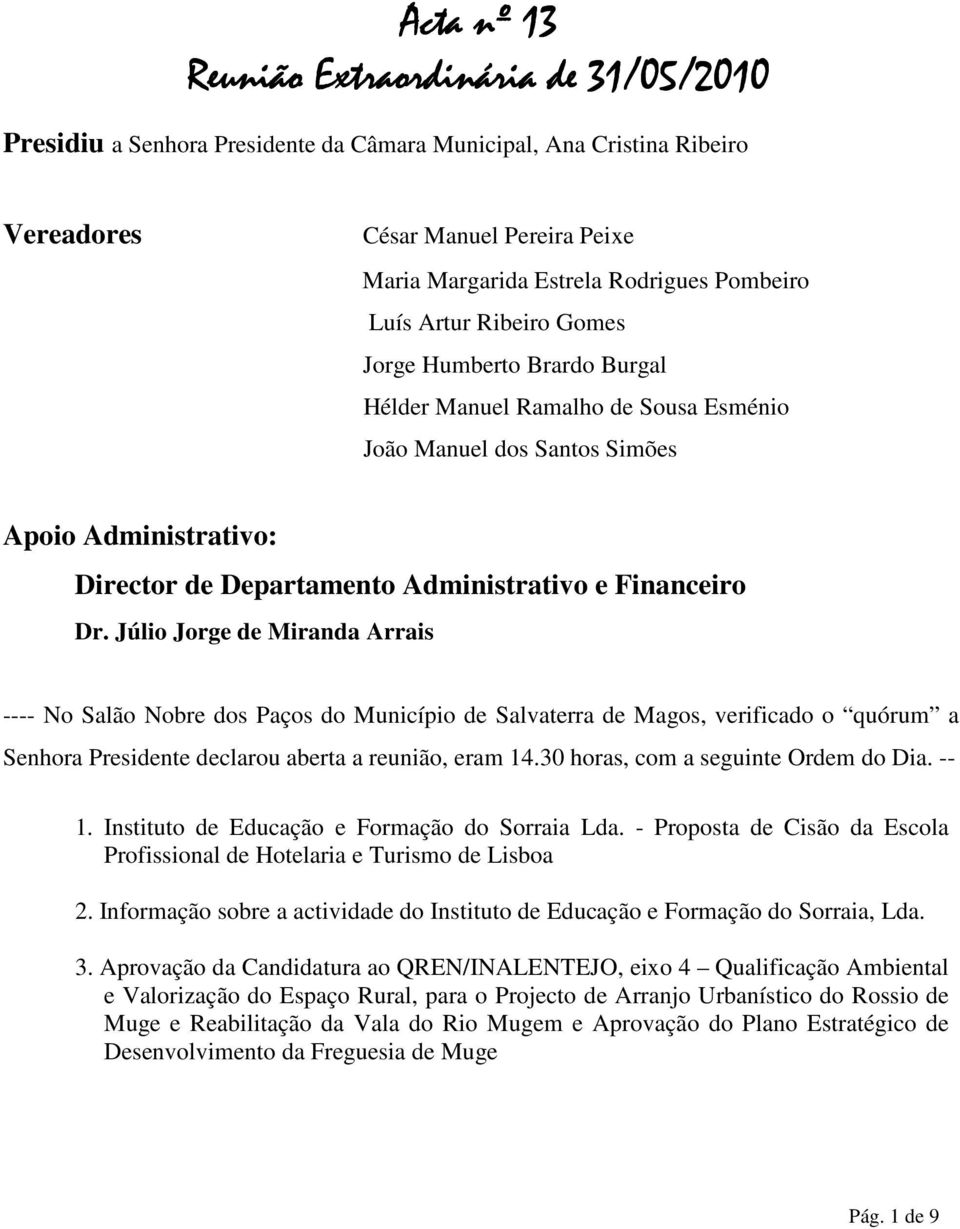 Júlio Jorge de Miranda Arrais ---- No Salão Nobre dos Paços do Município de Salvaterra de Magos, verificado o quórum a Senhora Presidente declarou aberta a reunião, eram 14.