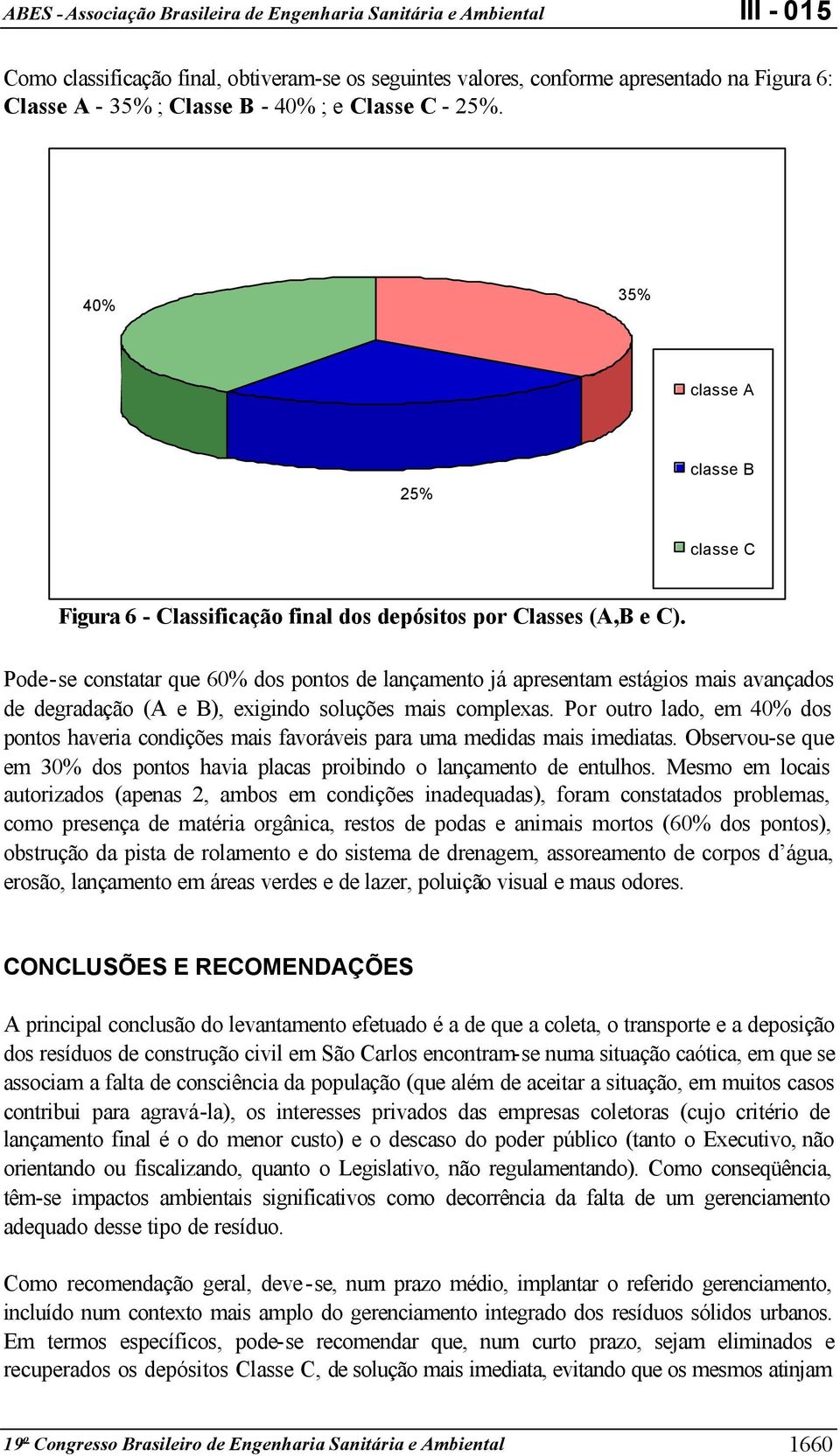 Pode-se constatar que 60% dos pontos de lançamento já apresentam estágios mais avançados de degradação (A e B), exigindo soluções mais complexas.