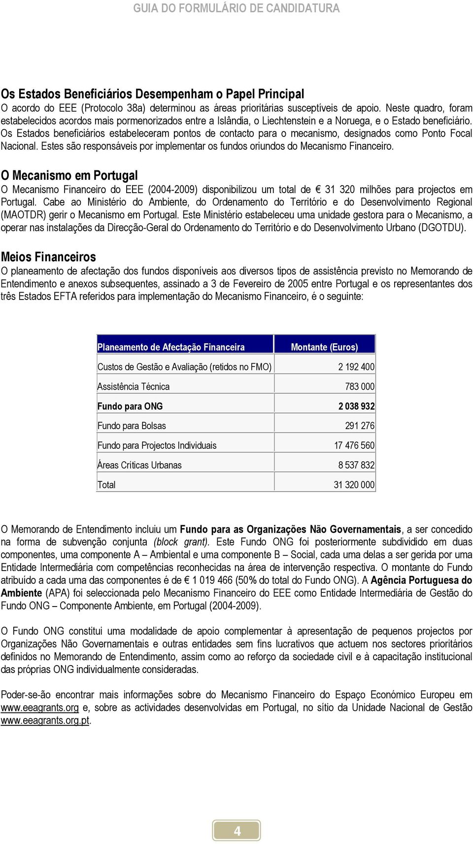 Os Estados beneficiários estabeleceram pontos de contacto para o mecanismo, designados como Ponto Focal Nacional. Estes são responsáveis por implementar os fundos oriundos do Mecanismo Financeiro.