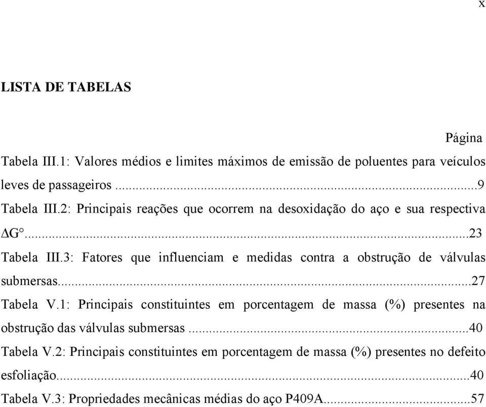 3: Fatores que influenciam e medidas contra a obstrução de válvulas submersas...27 Tabela V.