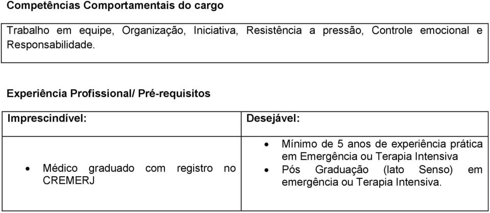 Experiência Profissional/ Pré-requisitos Imprescindível: Desejável: Médico graduado com registro