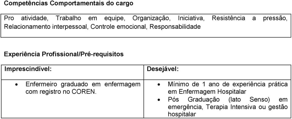 Profissional/Pré-requisitos Imprescindível: Desejável: Enfermeiro graduado em enfermagem com registro no COREN.