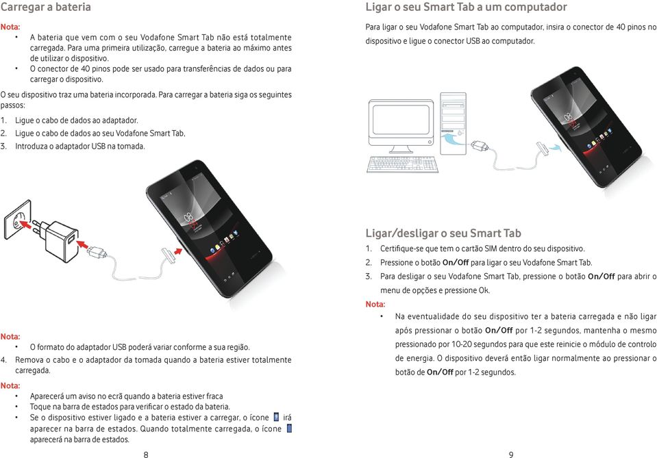 Ligue o cabo de dados ao adaptador. 2. Ligue o cabo de dados ao seu Vodafone Smart Tab, 3. Introduza o adaptador USB na tomada.