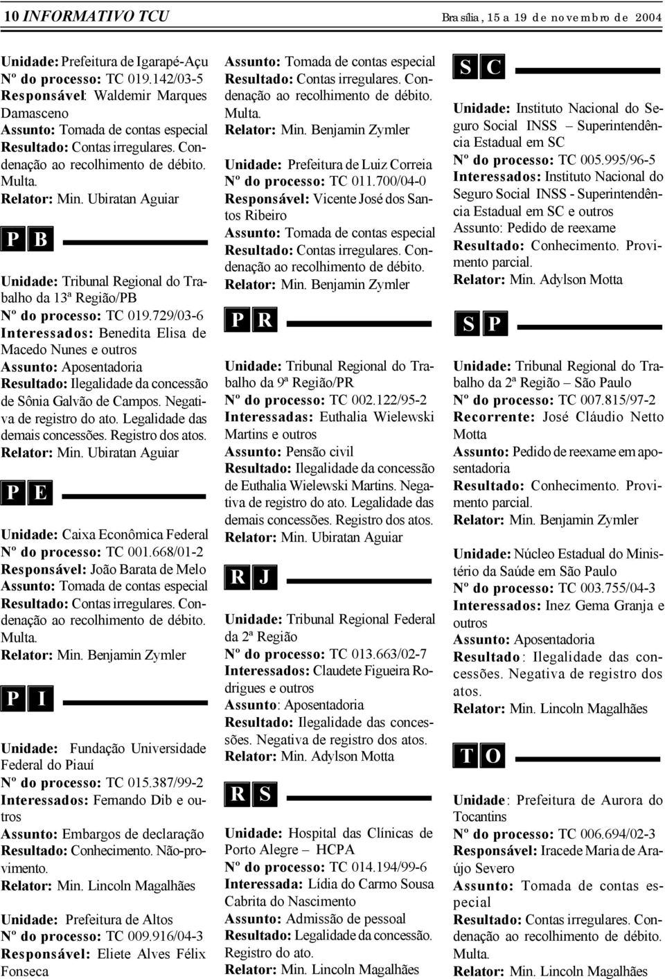 729/03-6 Interessados: Benedita Elisa de Macedo Nunes Resultado: Ilegalidade da concessão de Sônia Galvão de Campos. Negativa de registro do ato. Legalidade das demais concessões. Registro dos atos.