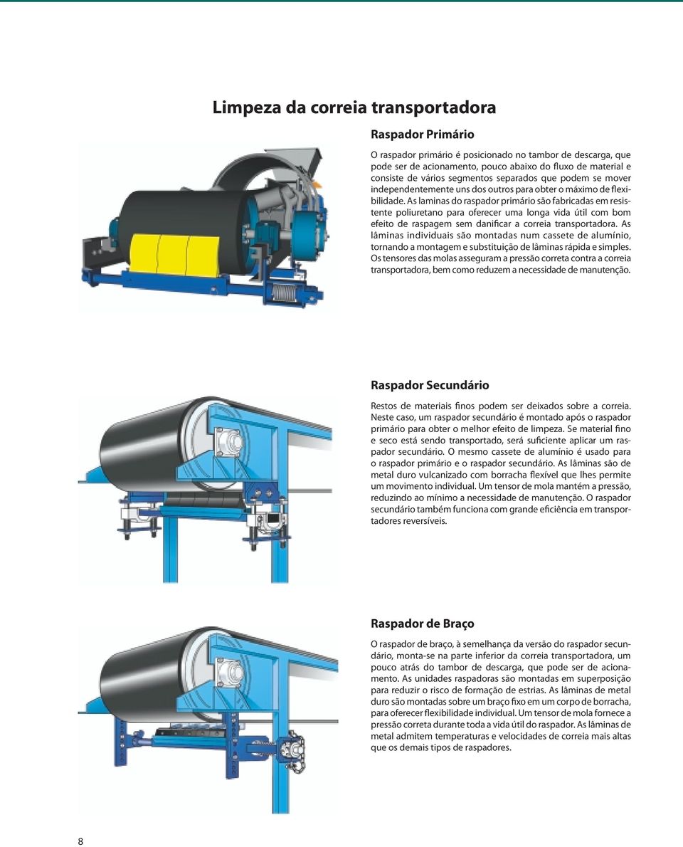 As laminas do raspador primário são fabricadas em resistente poliuretano para oferecer uma longa vida útil com bom efeito de raspagem sem danificar a correia transportadora.