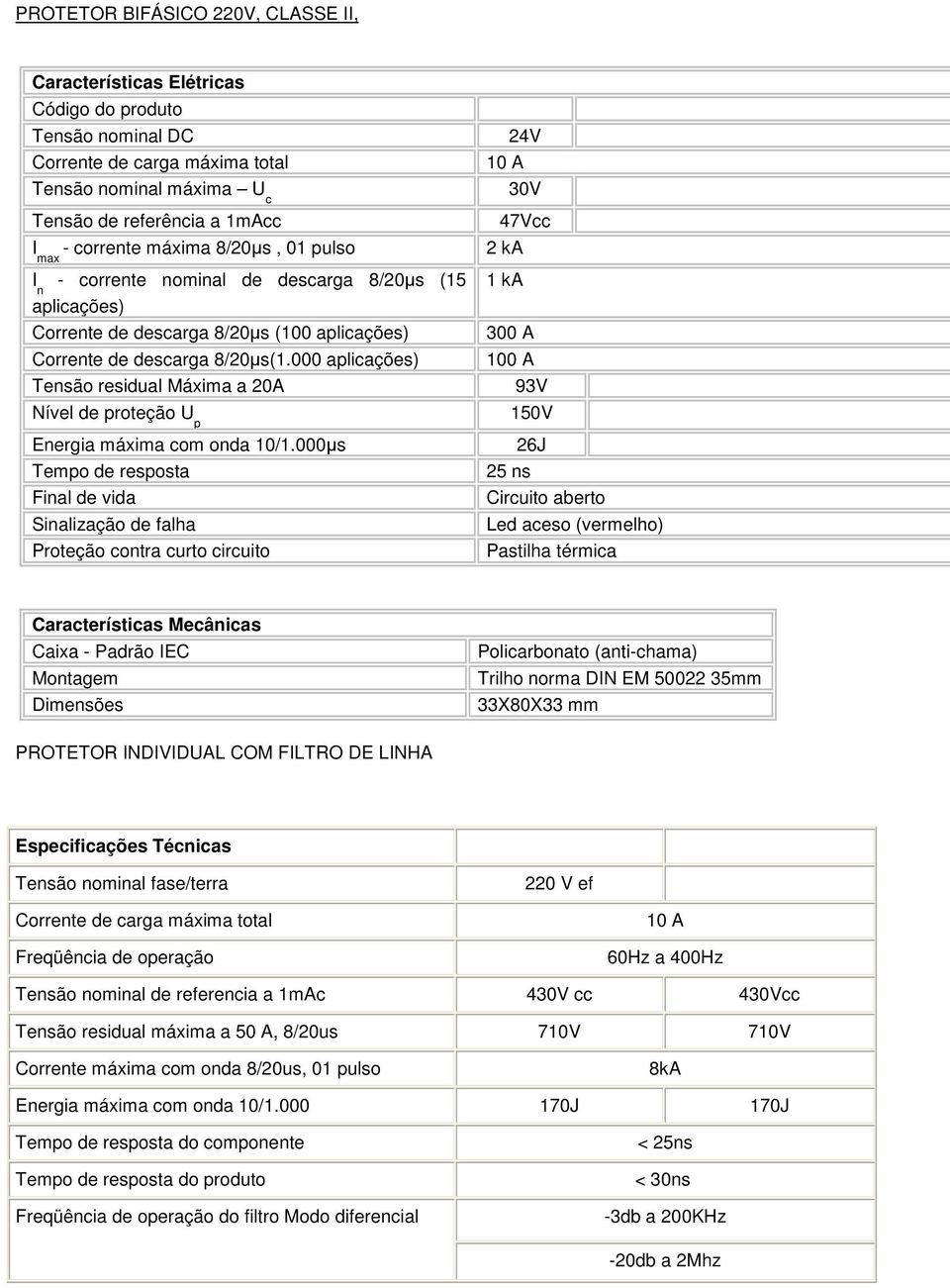 000 aplicações) Tensão residual Máxima a 20A Nível de proteção U p Energia máxima com onda 10/1.