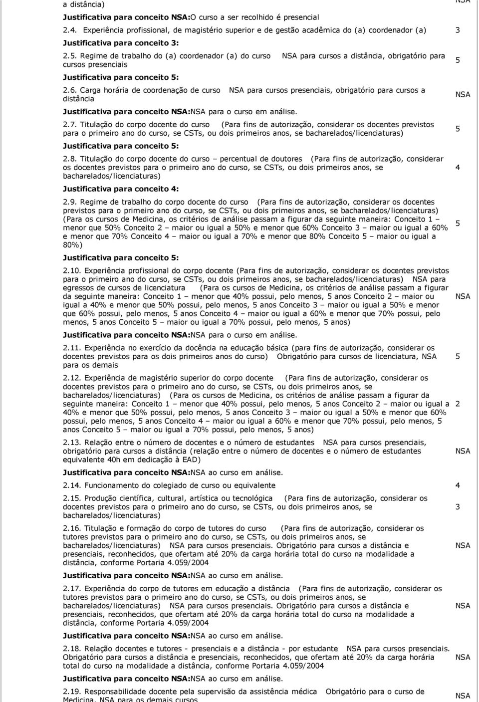 Regime de trabalho do (a) coordenador (a) do curso para cursos a distância, obrigatório para cursos presenciais Justificativa para conceito 5: 2.6.