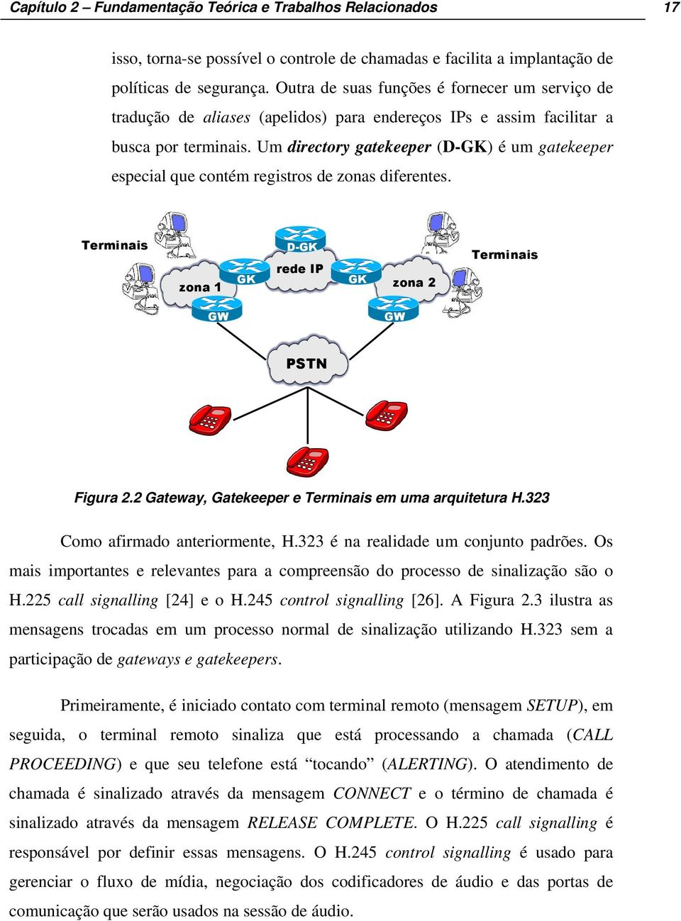 Um directory gatekeeper (D-GK) é um gatekeeper especial que contém registros de zonas diferentes. Terminais zona 1 GK D-GK rede IP GK zona 2 Terminais GW GW PSTN Figura 2.