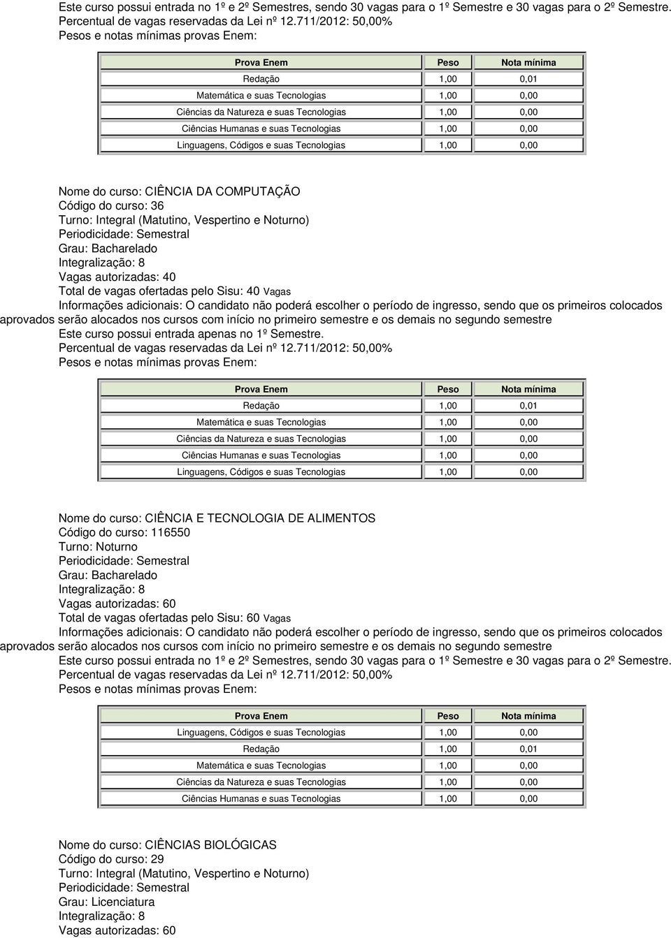 CIÊNCIA E TECNOLOGIA DE ALIMENTOS Código do curso: 116550 Vagas autorizadas: 60 Total de vagas ofertadas pelo Sisu: 60 Vagas  Nome do curso: