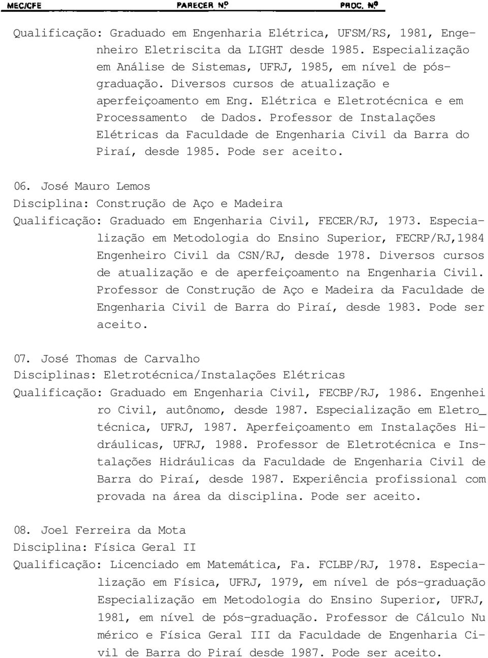 Professor de Instalações Elétricas da Faculdade de Engenharia Civil da Barra do Piraí, desde 1985. Pode ser aceito. 06.