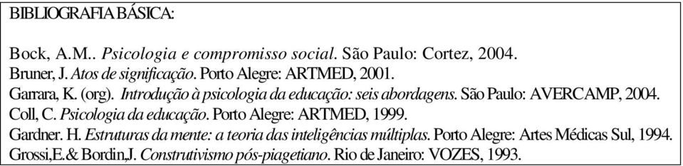 São Paulo: AVERCAMP, 2004. Coll, C. Psicologia da educação. Porto Alegre: ARTMED, 1999. Gardner. H.