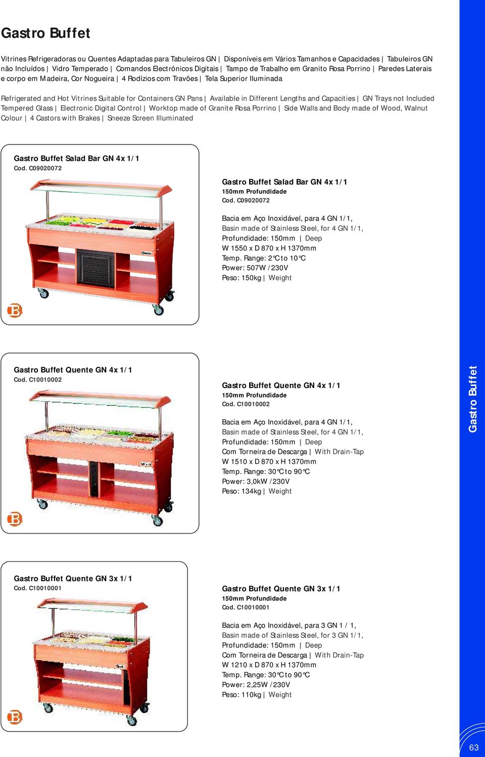 Pans Available in Different Lengths and Capacities GN Trays not Included Tempered Glass Electronic Digital Control Worktop made of Granite Rosa Porrino Side Walls and Body made of Wood, Walnut Colour