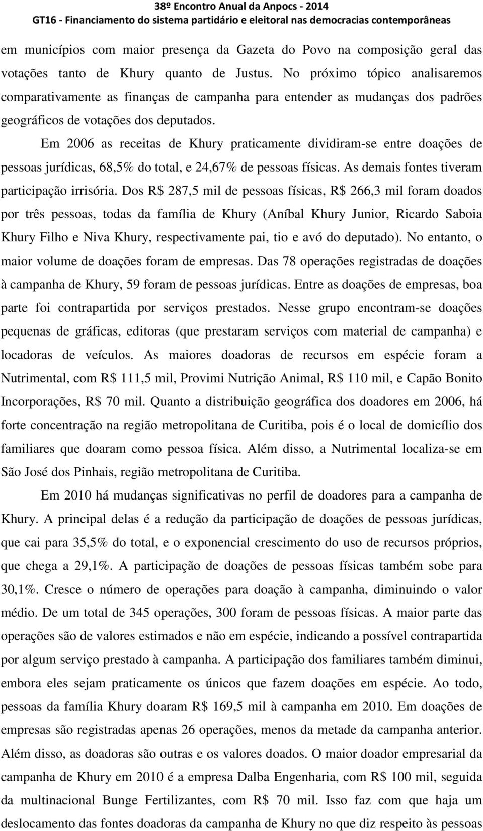 Em 2006 as receitas de Khury praticamente dividiram-se entre doações de pessoas jurídicas, 68,5% do total, e 24,67% de pessoas físicas. As demais fontes tiveram participação irrisória.