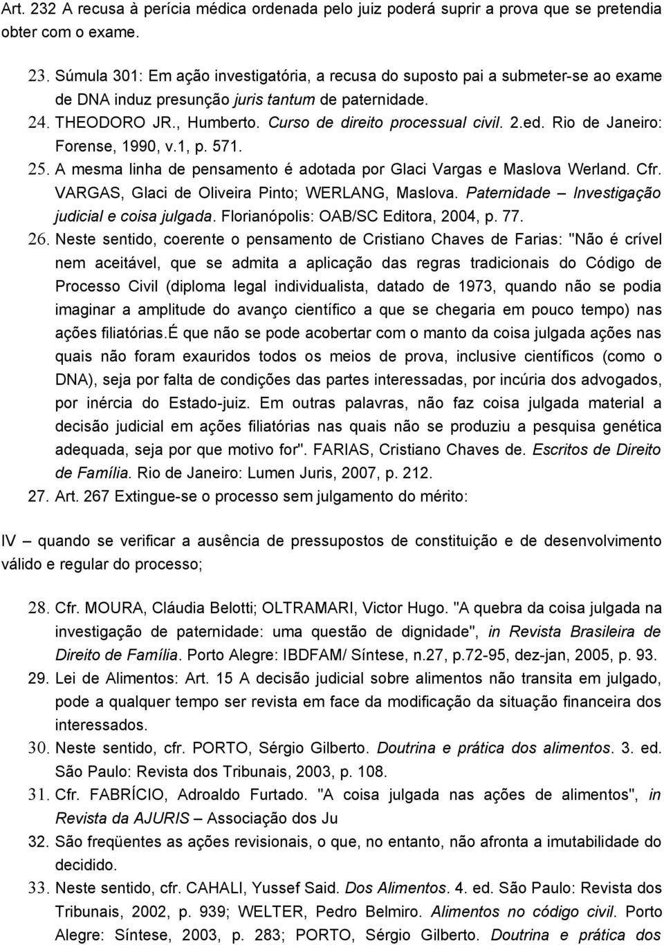 VARGAS, Glaci de Oliveira Pinto; WERLANG, Maslova. Paternidade Investigação judicial e coisa julgada. Florianópolis: OAB/SC Editora, 2004, p. 77. 26.
