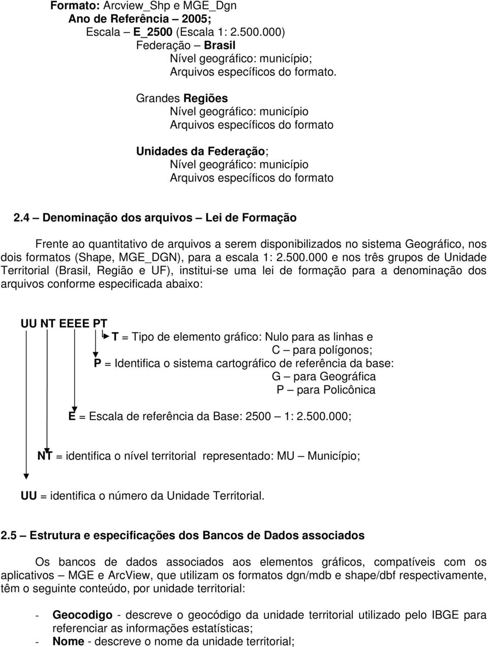 4 Denominação dos arquivos Lei de Formação Frente ao quantitativo de arquivos a serem disponibilizados no sistema Geográfico, nos dois formatos (Shape, MGE_DGN), para a escala 1: 2.500.