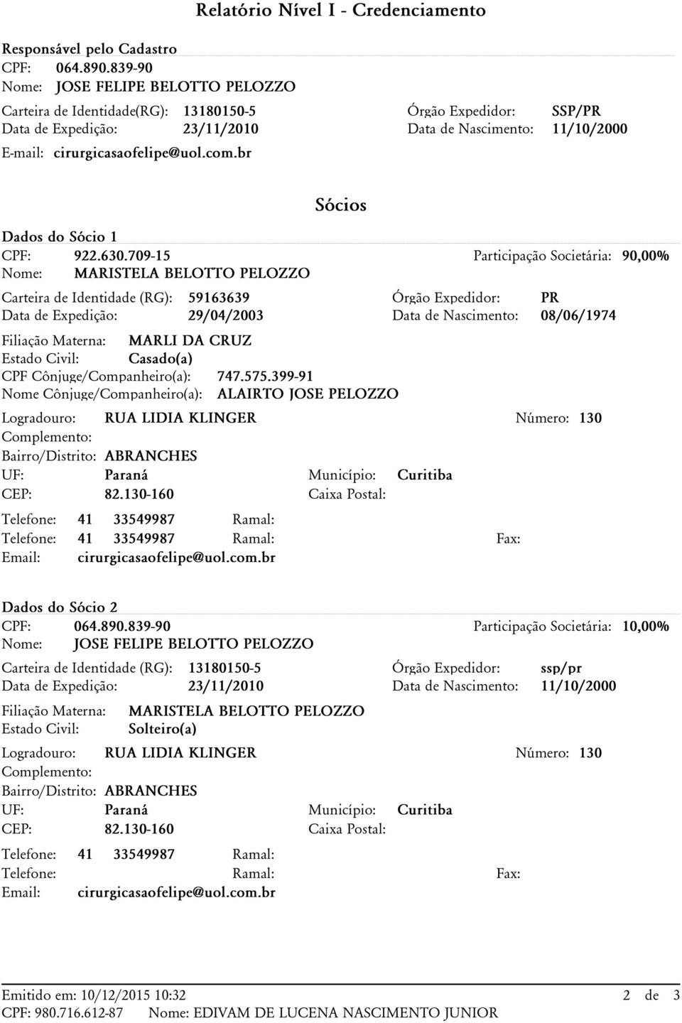 E-mail: cirurgicasaofelipe@uol.com.br Dados do Sócio 1 CPF: 922.630.