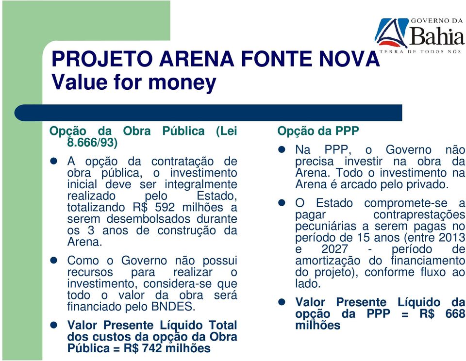 da Arena. Como o Governo não possui recursos para realizar o investimento, considera-se que todo o valor da obra será financiado pelo BNDES.