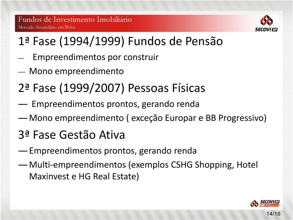 Mono empreendimento ( exceção Europar e BB Progressivo) 3ª Fase Gestão Ativa Empreendimentos