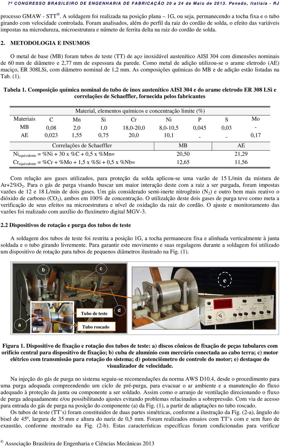 METODOLOGIA E INSUMOS O metal de base (MB) foram tubos de teste (TT) de aço inoxidável austenítico AISI 304 com dimensões nominais de 60 mm de diâmetro e 2,77 mm de espessura da parede.