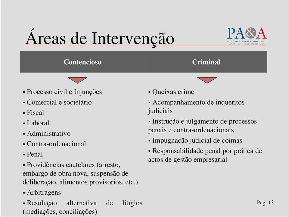 ) Arbitragens Resolução alternativa de litígios (mediações, conciliações) Queixas crime Acompanhamento de inquéritos judiciais Instrução e