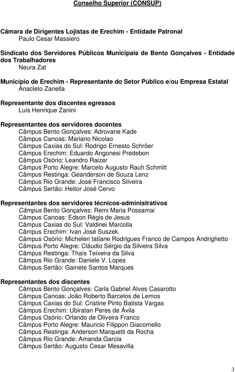 servidores docentes Câmpus Bento Gonçalves: Adrovane Kade Câmpus Canoas: Mariano Nicolao Câmpus Caxias do Sul: Rodrigo Ernesto Schröer Câmpus Erechim: Eduardo Angonesi Predebon Câmpus Osório: Leandro