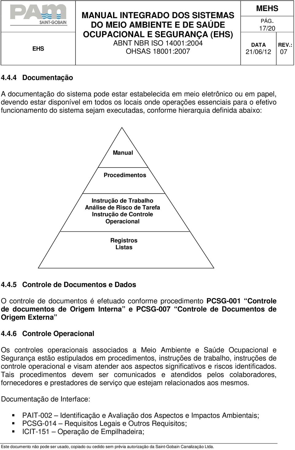 do sistema sejam executadas, conforme hierarquia definida abaixo: Manual Procedimentos Instrução de Trabalho Análise de Risco de Tarefa Instrução de Controle Operacional Registros Listas 4.