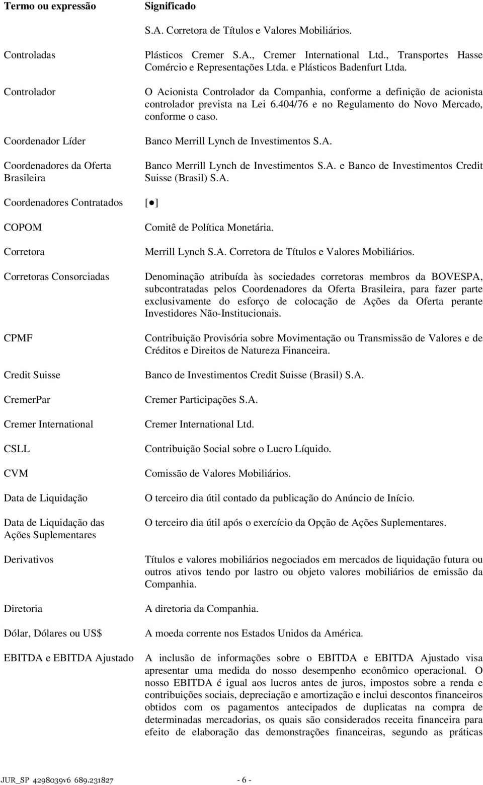 CVM Data de Liquidação Data de Liquidação das Ações Suplementares Derivativos Diretoria Dólar, Dólares ou US$ EBITDA e EBITDA Ajustado Plásticos Cremer S.A., Cremer International Ltd.