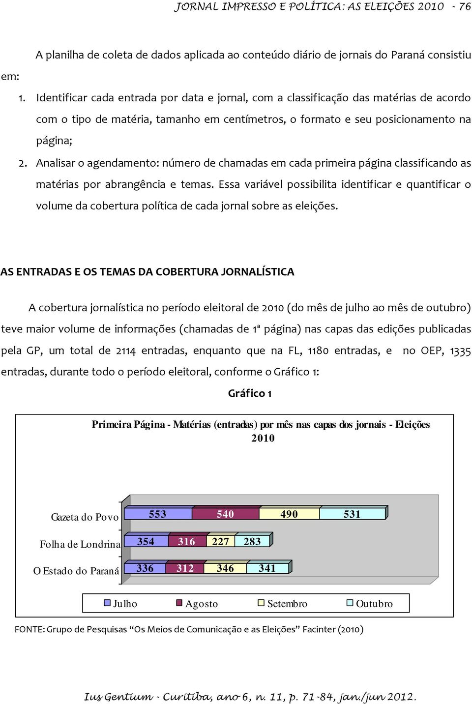 Analisar o agendamento: número de chamadas em cada primeira página classificando as matérias por abrangência e temas.